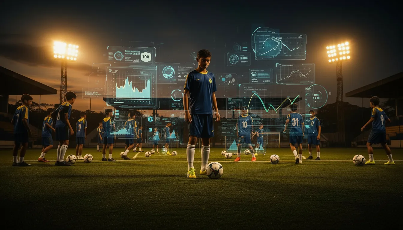 Jovens jogadores de futebol em treinamento com dados de performance no cockpit