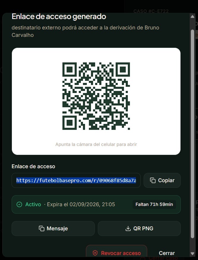 Código QR y enlace de acceso a la derivación, con plazo de expiración de 72h