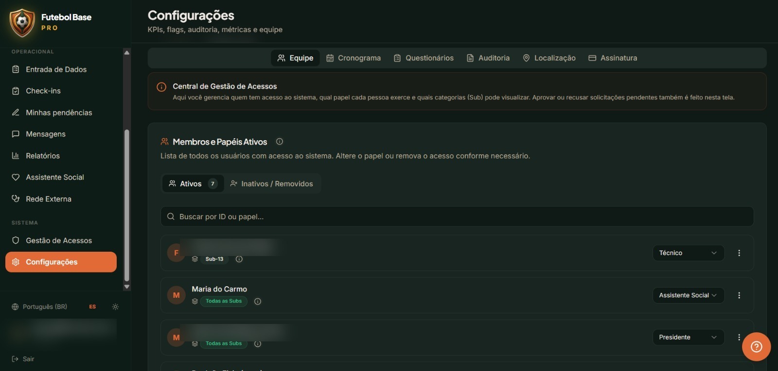 Tela de Equipe e Permissões com papéis por Sub e Log de Auditoria